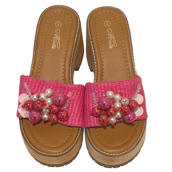Acata Shoes - Acata Platform Wedge Sandals 8‎ Pink Raffia Beaded Embellished Slip On Slides